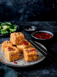 Crunchy Fried Tofu. Golden, crispy tofu with a soft, silky center, lightly seasoned and served with a zesty dipping sauce for an irresistible, flavorful bite. (₩10,000)