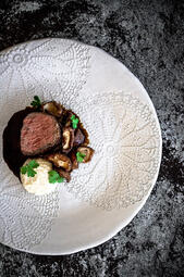 Beef Fillet. A tender beef fillet paired with creamy potato-leek puree, earthy shiitake mushrooms, and a rich porcini glaze for a refined, indulgent dish. (₩40,000)