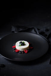 Vanilla & Marsala Parfait. A decadent layered dessert with velvety vanilla cream and Marsala wine, balanced by fresh blackberries, raspberries, and a crunchy finish for a sophisticated treat. (₩10,000)