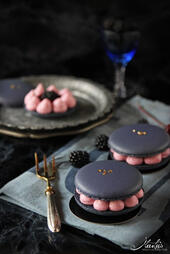 Blackberry Macarons. Elegant violet macarons filled with rich blackberry, raspberry pasta, and smooth raspberry jam, offering a perfect balance of sweet, tart, and creamy berry flavors. (₩10,000)