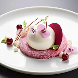 A'more Berries Cake. This berry and white chocolate cake is sweet and slightly tangy, paired with a crunchy, mildly sweet sesame berry cake, topped with purple flowers.